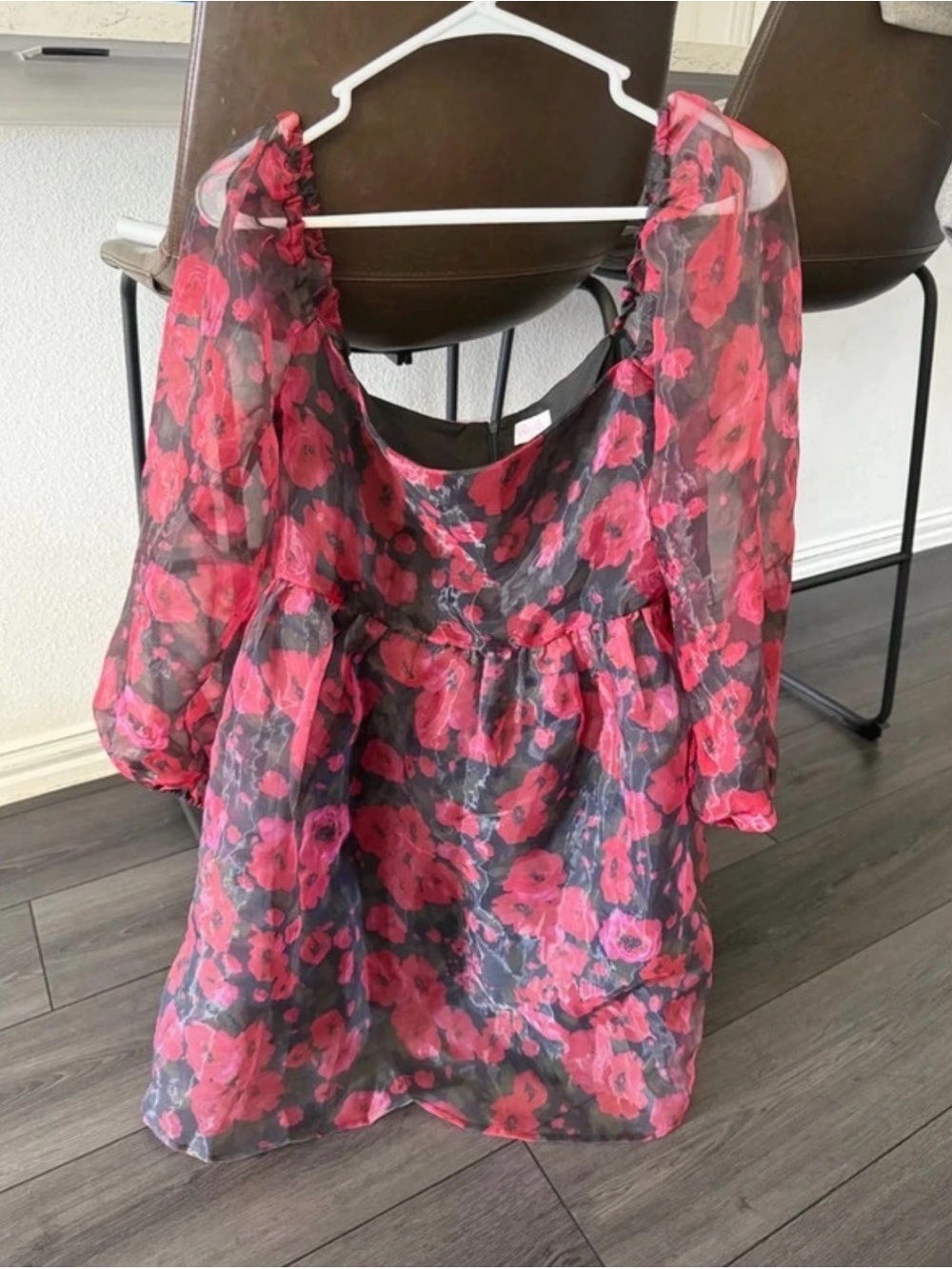 Pink Lily Red Floral Sheer Long-Sleeve Dress